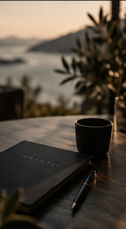 Executive notebook and coffee on a terrace at sunset